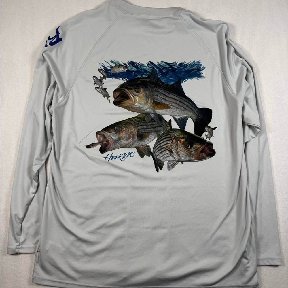 Huk Men’s Long Sleeve Fishing Shirt - Light Gray with Striped Bass Graphic